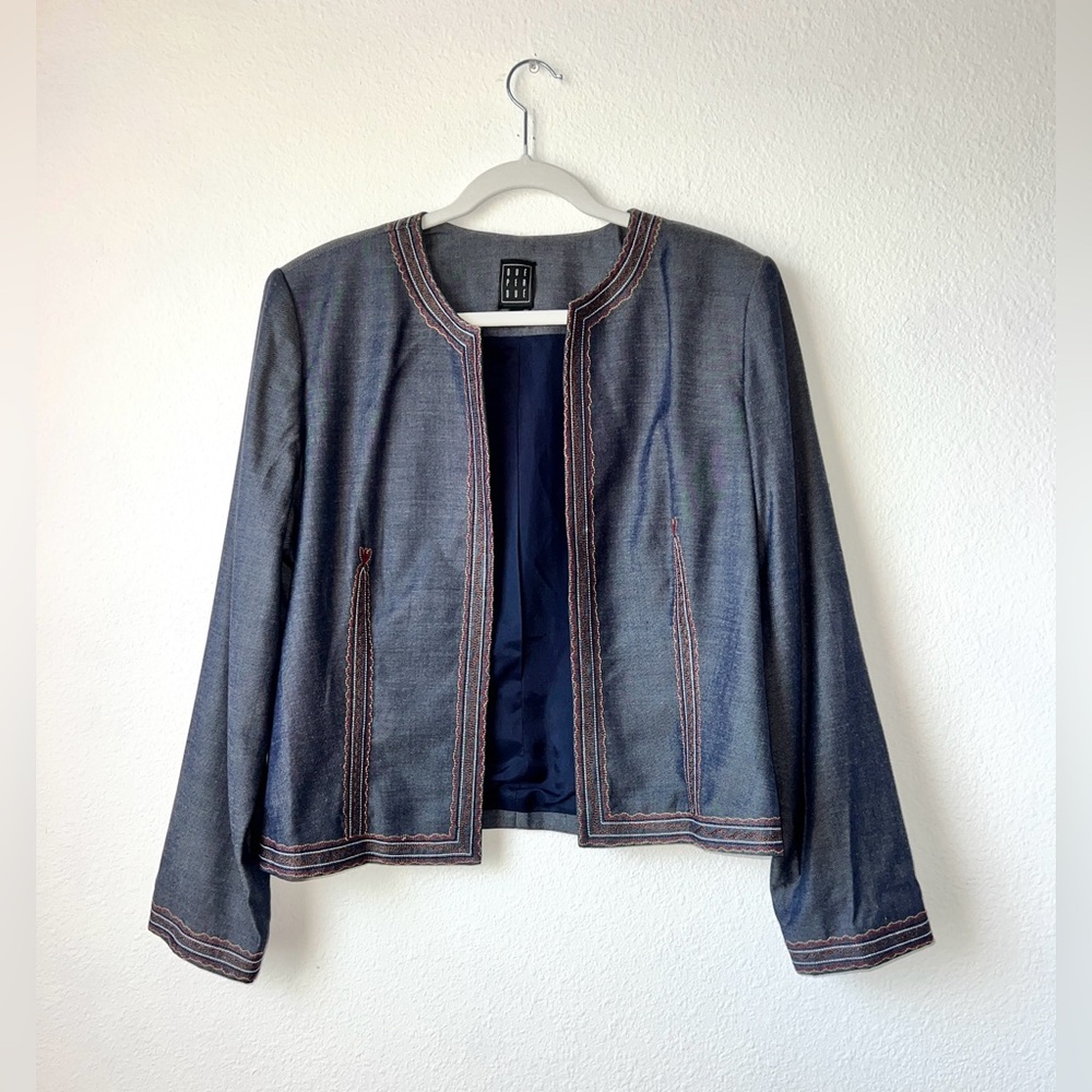 DUE PER DUE Woman's open Jacket Blazer Size 14 100% SILK Blue Embroidered